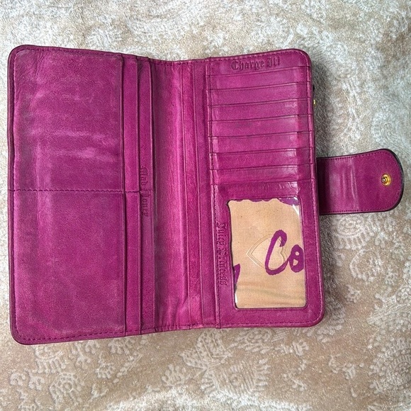 Vintage Juicy Couture Genuine Leather Magenta Bifold Snap Close Wallet w/ Locket - Picture 7 of 16